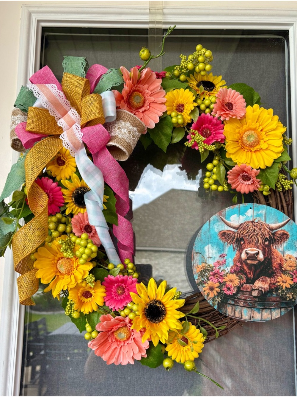 Bright Floral Sunflower & Gerbera Wreath with Cow Plaque